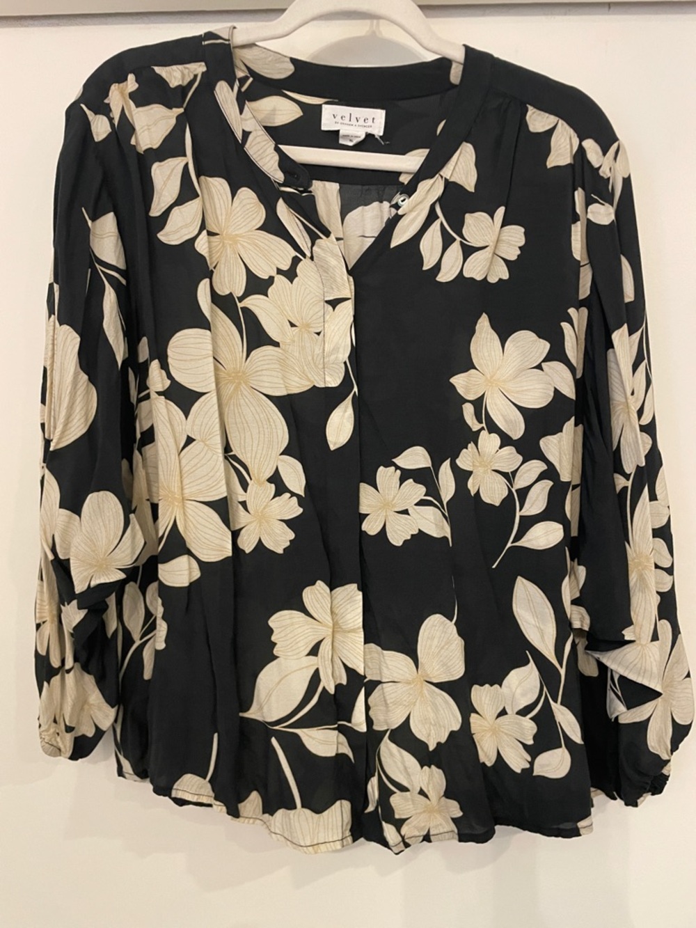 Velvet Black Blouse with Cream Floral Print